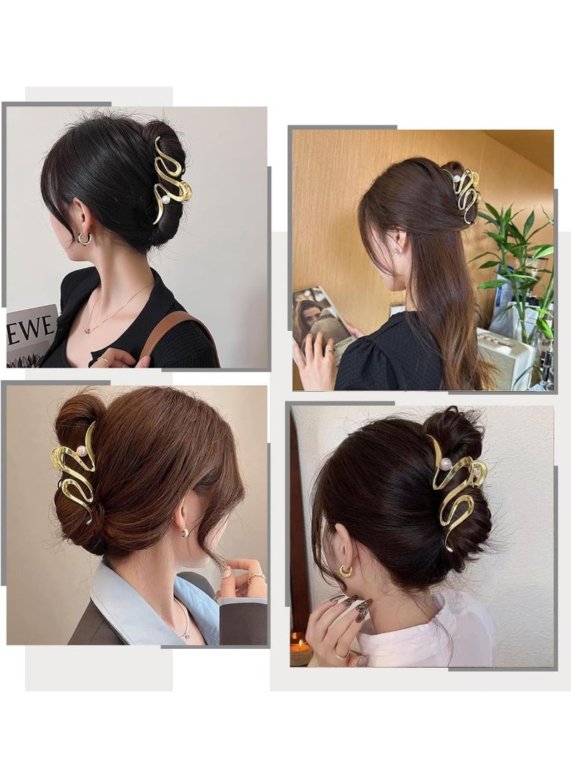 CLENEA 1Pcs Large Hair Claw Clips,Metal Snake Wave Hair Clips with Pearl Design,Strong Hold Hair Jaw Clips for Thick or Thin Hair,Irregular Wave Hair Clamp,No-slip Grip Clips for Women (Gold) - Image 5